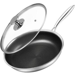 Innerwell 12 inch Tri-Ply Stainless Steel Frying Pan With Lid Large Nonstick Honeycomb Coatings Skillet for Eggs & Omelettes Non Toxic Healthy Omelette Pan Compatible W/All Cooktops