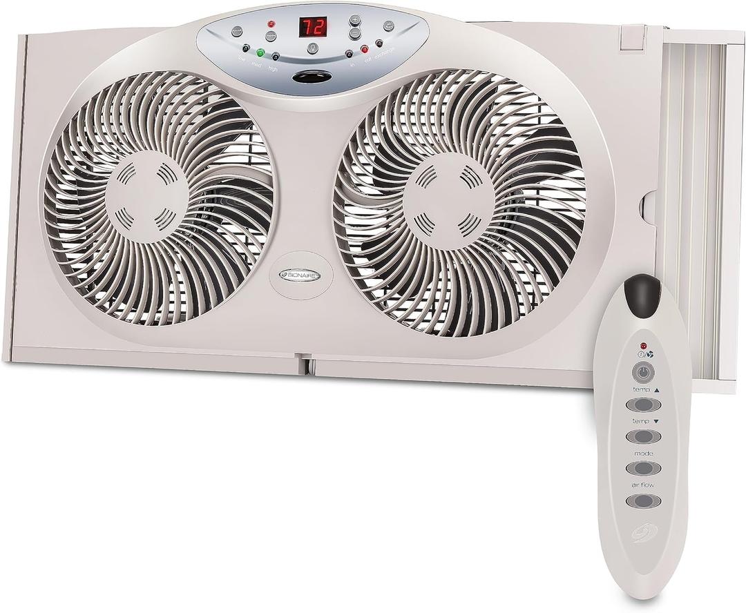 Bionaire Window Fan with Reversible Airflow Blades  3-Speed Settings, Programmable Thermostat, LED Display, Remote Control, Fits 2436" Windows, No Assembly Required (White) Bionaire Window Fan with Reversible Airflow Blades  3-Speed Settings, Programmable Thermostat, LED Display, Remote Control, Fits 2436" Windows, No Assembly Required (White)