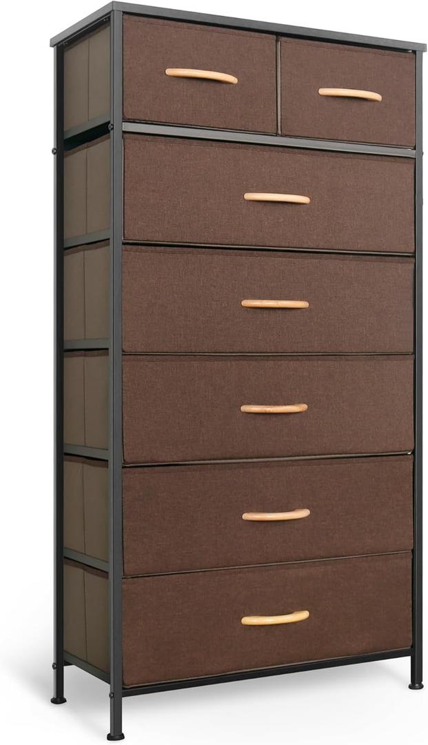 Mifuro Tall Dresser for Bedroom, Vertical Storage Organizer Tower with 7 Drawers, Chest of Drawers with Fabric Bins, Steel Frame, Wood Top for Bedroom, Closet, Entryway- Brown