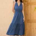 ZAFUL Women's 2025 Summer Casual Midi Dress Sleeveless Adjustable V Neck Elastic Empire Waist Smocked Ruffle Tiered Dresses (Blue)