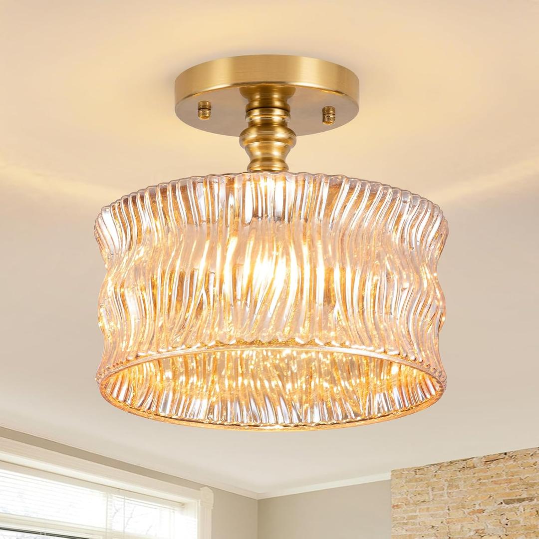 Semi Flush Mount Ceiling Light, Vintage Small Ceiling Light Fixture with Amber Glass Shade for Kitchen,Hallway, Living Room,Bedroom,Corridor, Bulb Not Included 10.62inch