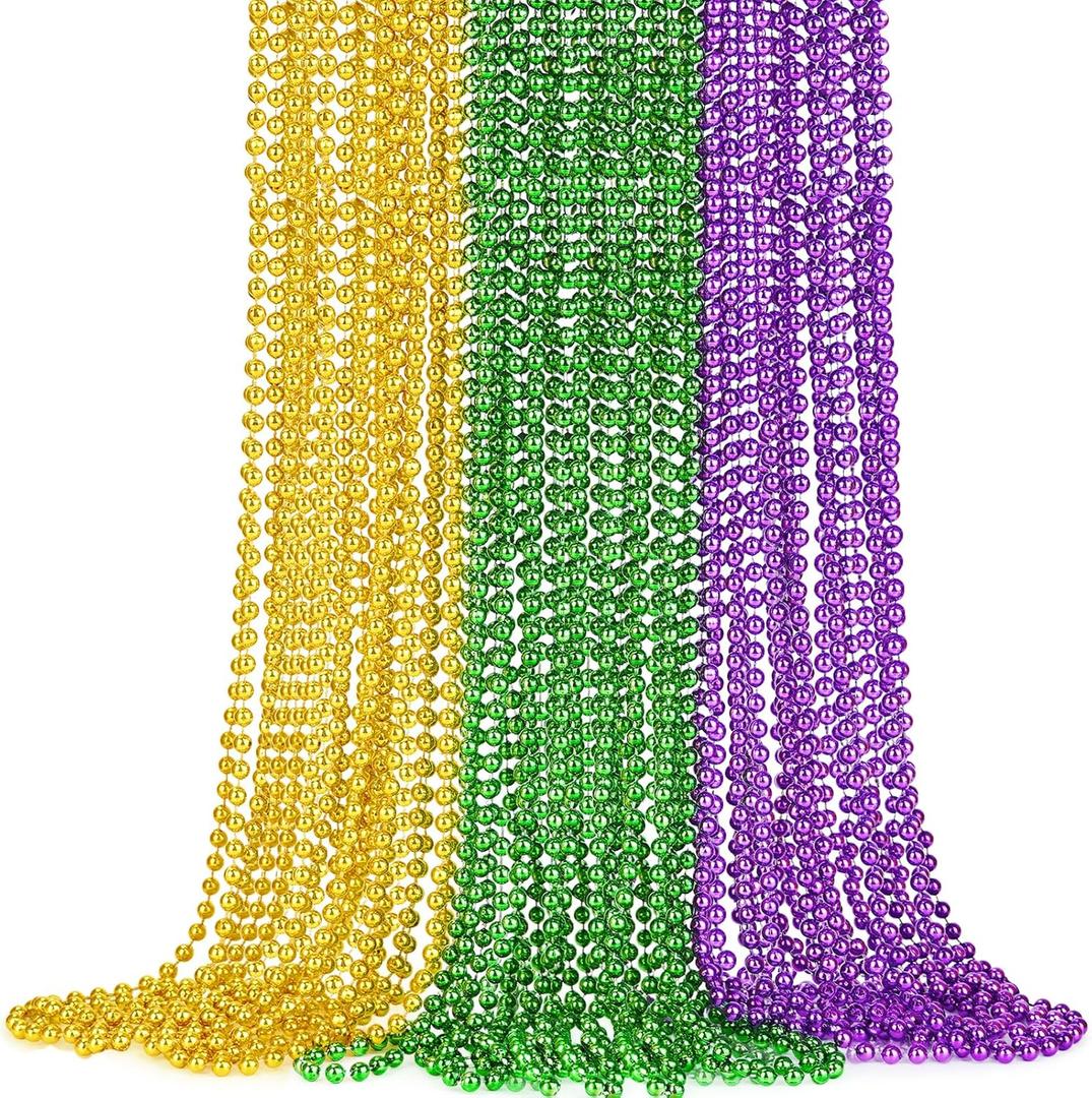 SHAOQINLIN Mardi Gras Beads, 24Pcs Mardi Gras Beads Necklaces 33'' 7 mm Metallic Gold Green Purple Bead Necklaces Mardi Gras Decorations for Mardi Gras, Christmas, Party Favors