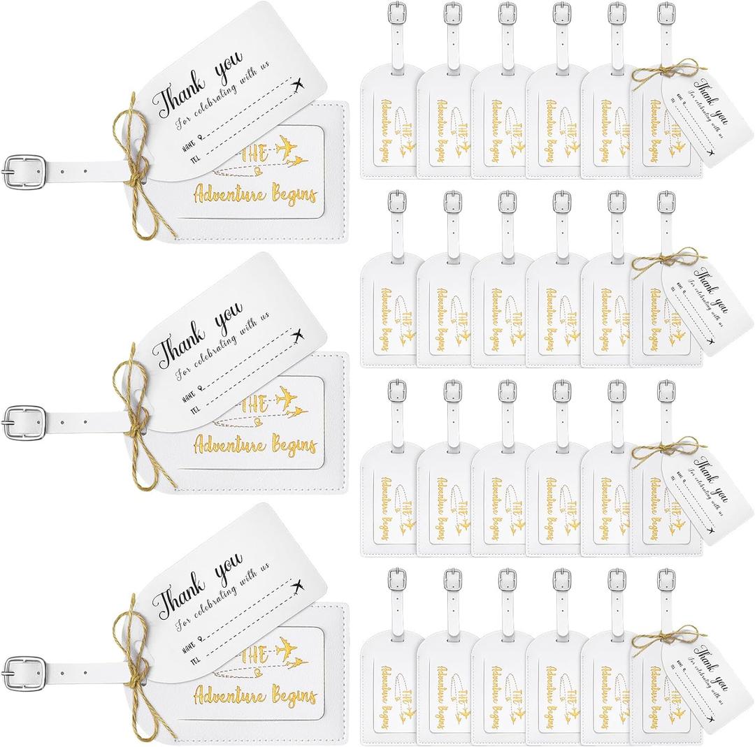 Sweetude 48 Sets Leather Luggage Tag Bulk and So The Adventure Begins Luggage Tags with Name Card for Wedding Bridal Shower Bachelorette Honeymoon Travel Graduation Gifts(White)