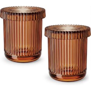 2 Pack Qtip Holder - Apothecary Jars with Lids, Bathroom Organizers and Storage Canister for Cotton Balls,Swabs,Floss Picks,Hair Ties,Clear Glass Vintage Bathroom Decor Jar Set (Brown)