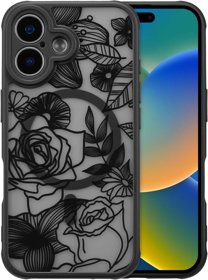 XIZYO Magnetic Case for iPhone 16 Floral Rose Cute Phone Case [Compatible with Magsafe] for Women Girls Aesthetic Pattern Slim TPU Shockproof Bumper Cover, Black