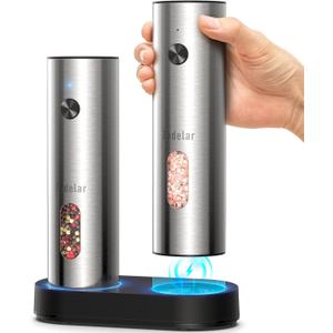 Salt and Pepper Grinder Set Electric,Rechargeable Salt and Pepper Shakers Stainless Steel with USB C Dual Charging Base,Upgraded Large Capacity,Adjustable Coarseness,LED Light,Ideal for Mom