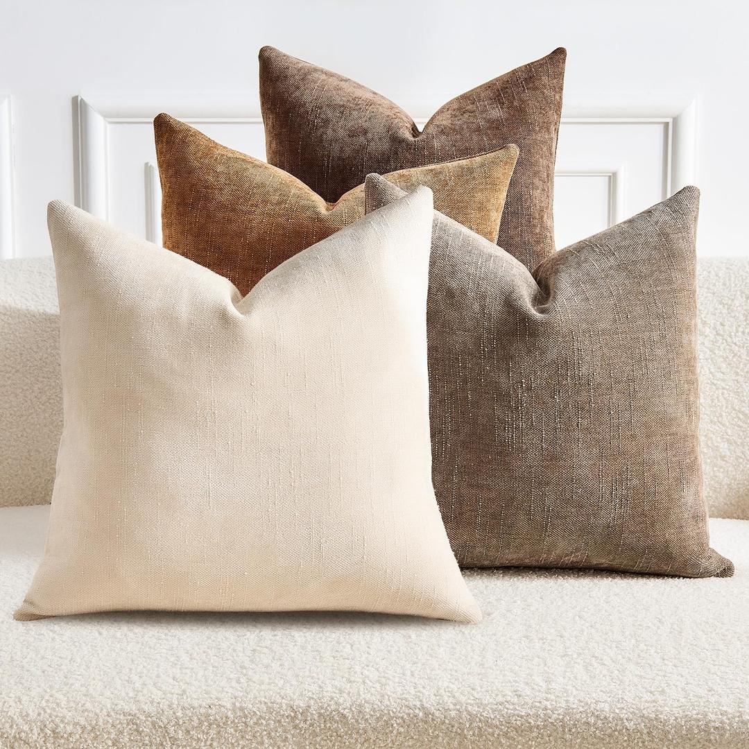 Pack of 4 Throw Pillow Covers 20x20 Inch Chenille Textured Neutral Brown Soft Pillow Covers Solid Decorative Farmhouse Cushion Covers Home Boho Western Decor for Couch Sofa Bed Living Room
