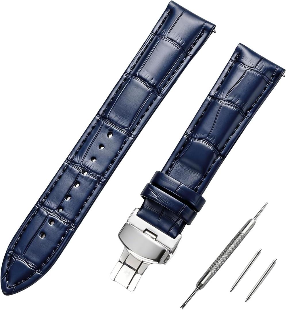 2 x Genuine Leather Watch Strap, Soft Cowhide Band with Silver Steel Buckle | Soft padded cowhide, 18/20/22mm lug width. Sturdy silver steel buckle. replacement strap for men and women