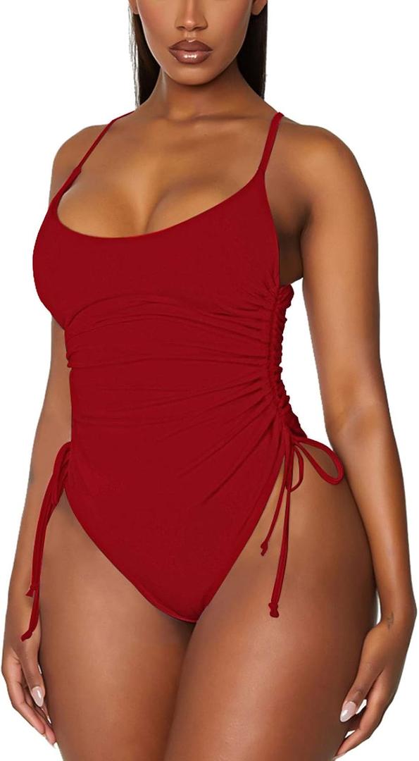 Viottiset Women's Ruched High Cut One Piece Swimsuit Tummy Control Bathing Suit Monokini (3X-Large, Red)