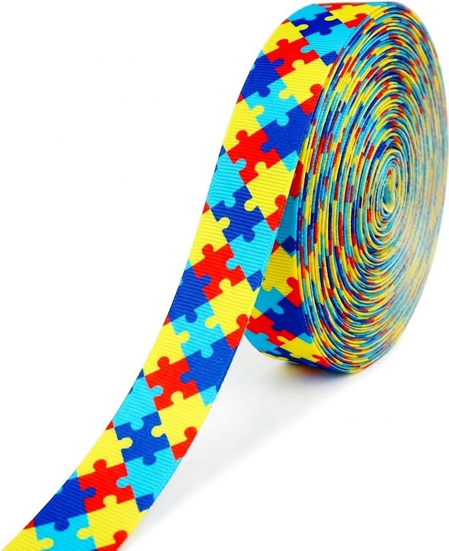 Autism Awareness Puzzle Ribbon 7/8" x 20 Yards Grosgrain Ribbon Roll Single-Sided Print with White Back Craft Ribbon for Hair Bows, Wreaths, Gift Wrapping & April Autism Awareness Month Events