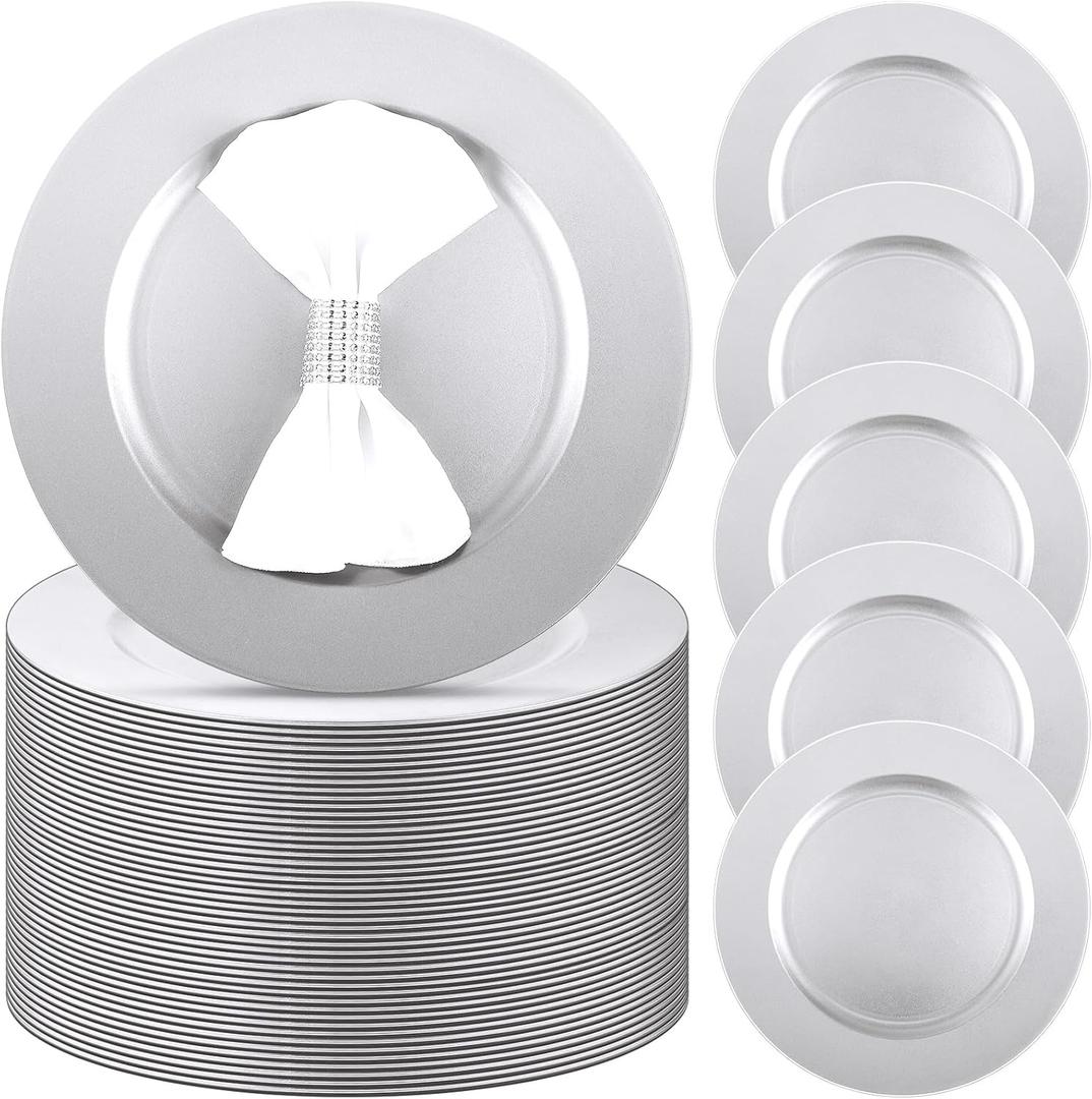 Zhehao 100 Pcs Charger Plates Bulk 13 Inch Round Wedding Chargers Plastic Plate Dinner for Wedding Party Baby Shower Table Setting Event Decoration(Silver)