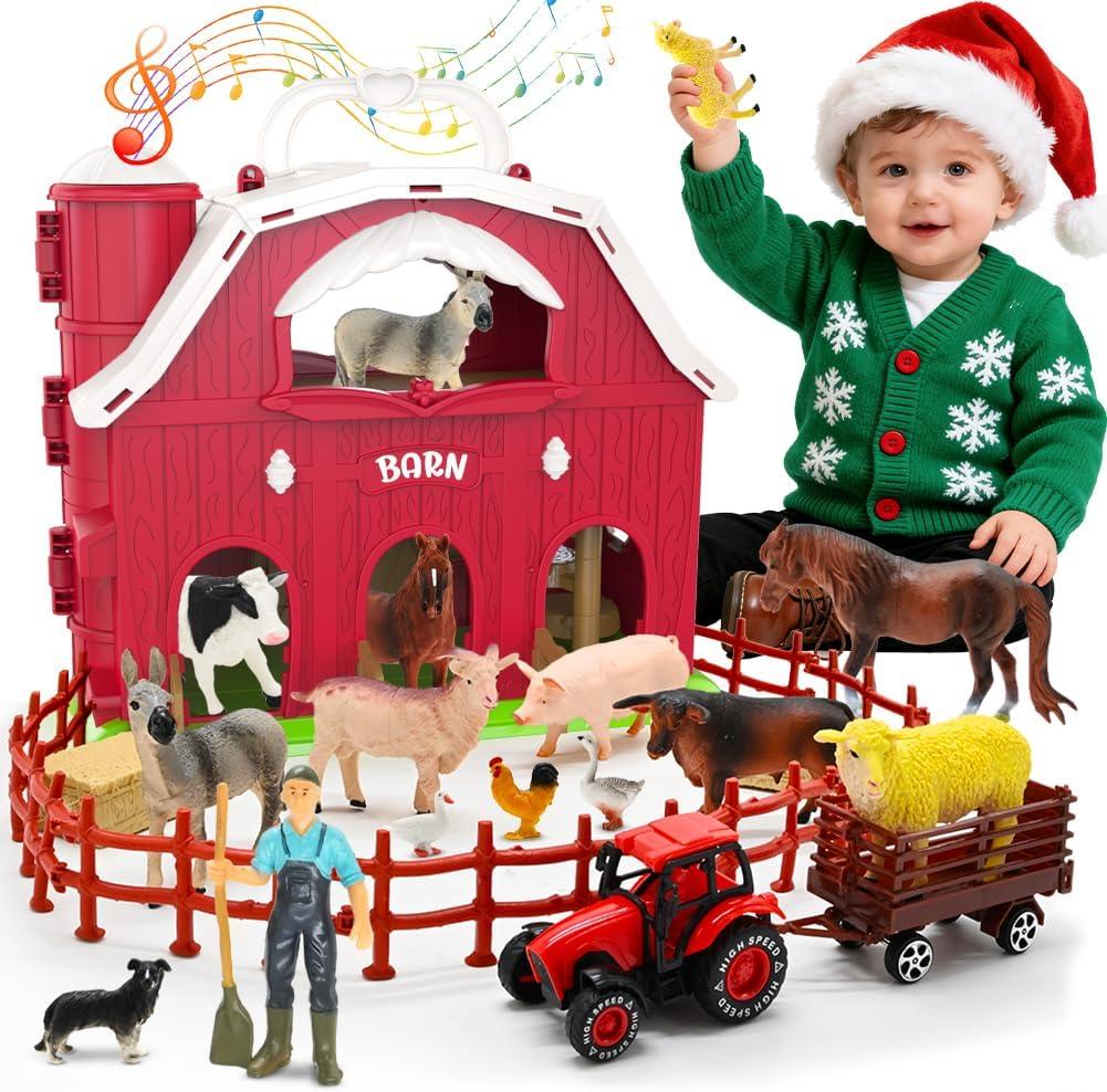 Big Red Barn Toys for Toddlers 1-3, Farm Animal Figures Playset with Tractor for 2 3 4 5 Year Old Kids, Musical Preschool Montessori STEM Learning Toys, Christmas Birthday Easter Gift for Boys Girls
