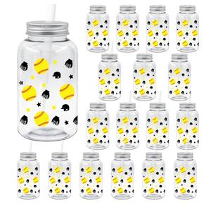 WGXX 18 Pcs Softballs Plastic Cups 14.2 oz Plastic Tumblers with Lid and Straw Clear Reusable Softballs Cups Sports Party Favors Birthday Sports Party Supplies