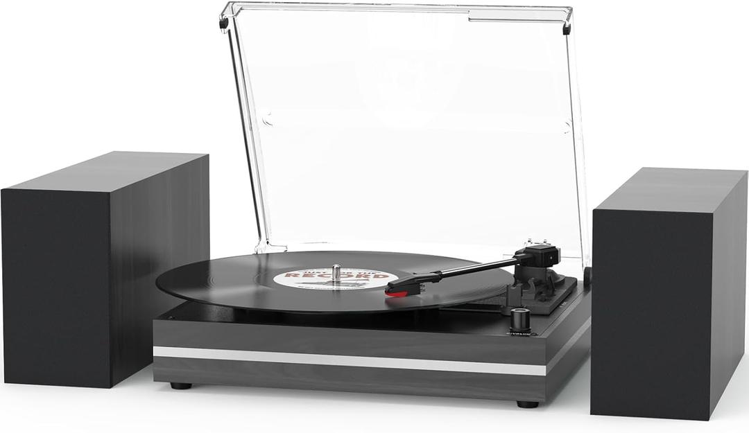 Vinyl Record Player with External Speakers Belt-Drive Turntable for Vinyl Records Dual Stereo Speakers Vintage LP Players Support 3 Speed Wireless Playback AUX Headphone Input Auto Stop Wood Black