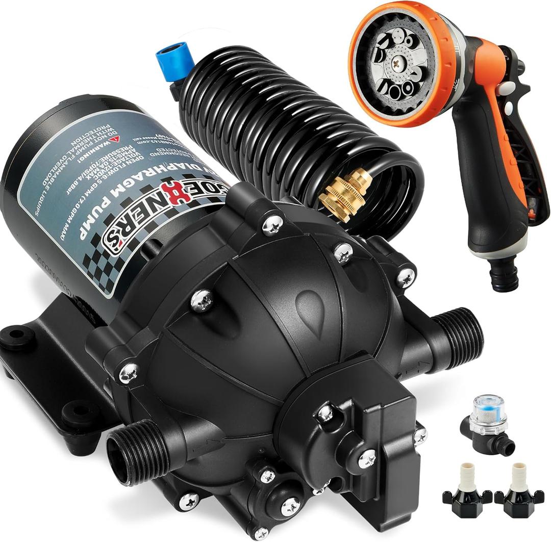[Upgraded Version] 12V DC Fresh Water Pump, 6.5GPM 70PSI Five Chamber Self-Priming Diaphragm Pump with Heavy Duty Pressure Switch and Strainer for RV, Marine, Caravan (Fresh Water Pump with Spray Gun)