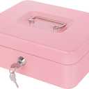 Pink Cash Box with Money Tray and Lock, Metal Money Box for Cash, Lock Box for Money 9.84x7.87x3.54 Inches