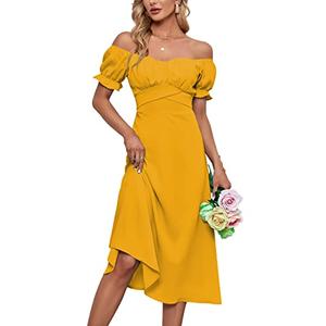 LYANER Women's Off Shoulder Wrap Ruffle Puff Short Sleeve Ruched Tie Back Dress Yellow Small