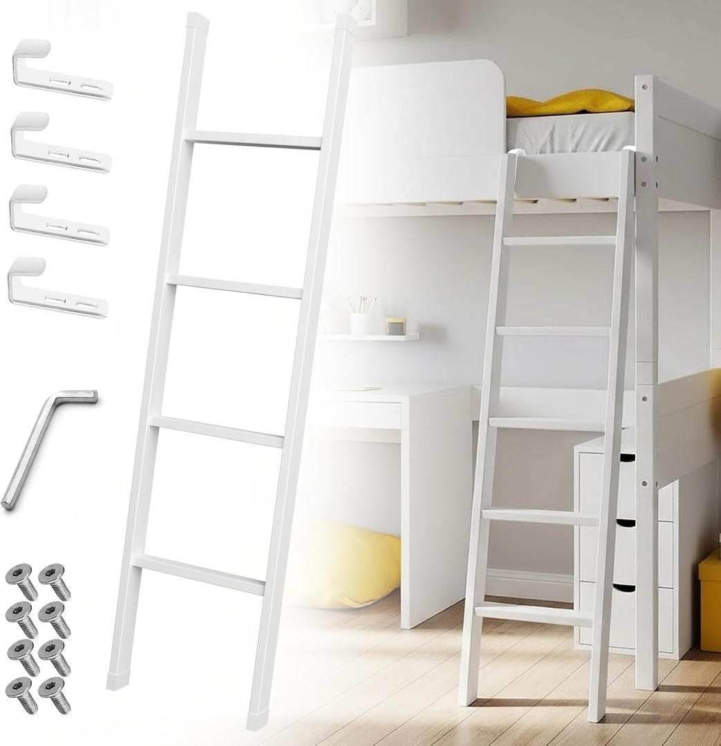 55inch White RV Bunk Bed Ladder, 55Inch Heavy Duty Travel Trailer Bed Ladders, Metal Camper Bunk Bed Ladder with 4 Hook and Foot Caps, 330 LBS Loading Twin Bed Step Ladder Portable Stairs Steps