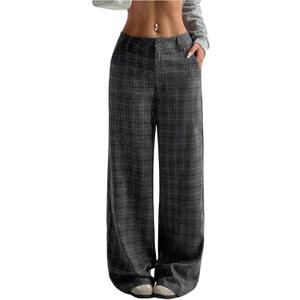 GORGLITTER Women's Plaid Low Rise Trousers Dress Pants Casual Loose Pants Baggy Flannel Gingham Wide Leg Pants (Medium, Tall Dark Grey)