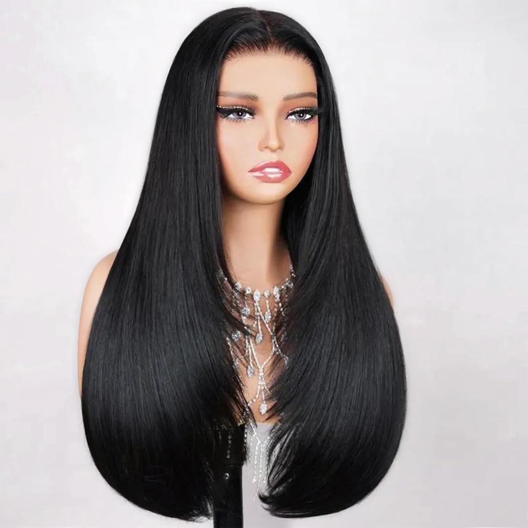 TESLAL Blend Wigs Human Hair Glueless Wear and Go Glueless Wigs Human Hair Pre Plucked Pre Cut Layered Wig Straight 6X6 Synthetic and Human Hair Blend Wig 22Inch Black Color 260% Density