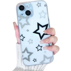 Lovmooful Compatible for iPhone 15 Plus Case Cute Clear Luxury Star Bumper Protector for Girls Women Soft TPU Shockproof Protective Girly for iPhone 15 Plus-Black&Grey Star