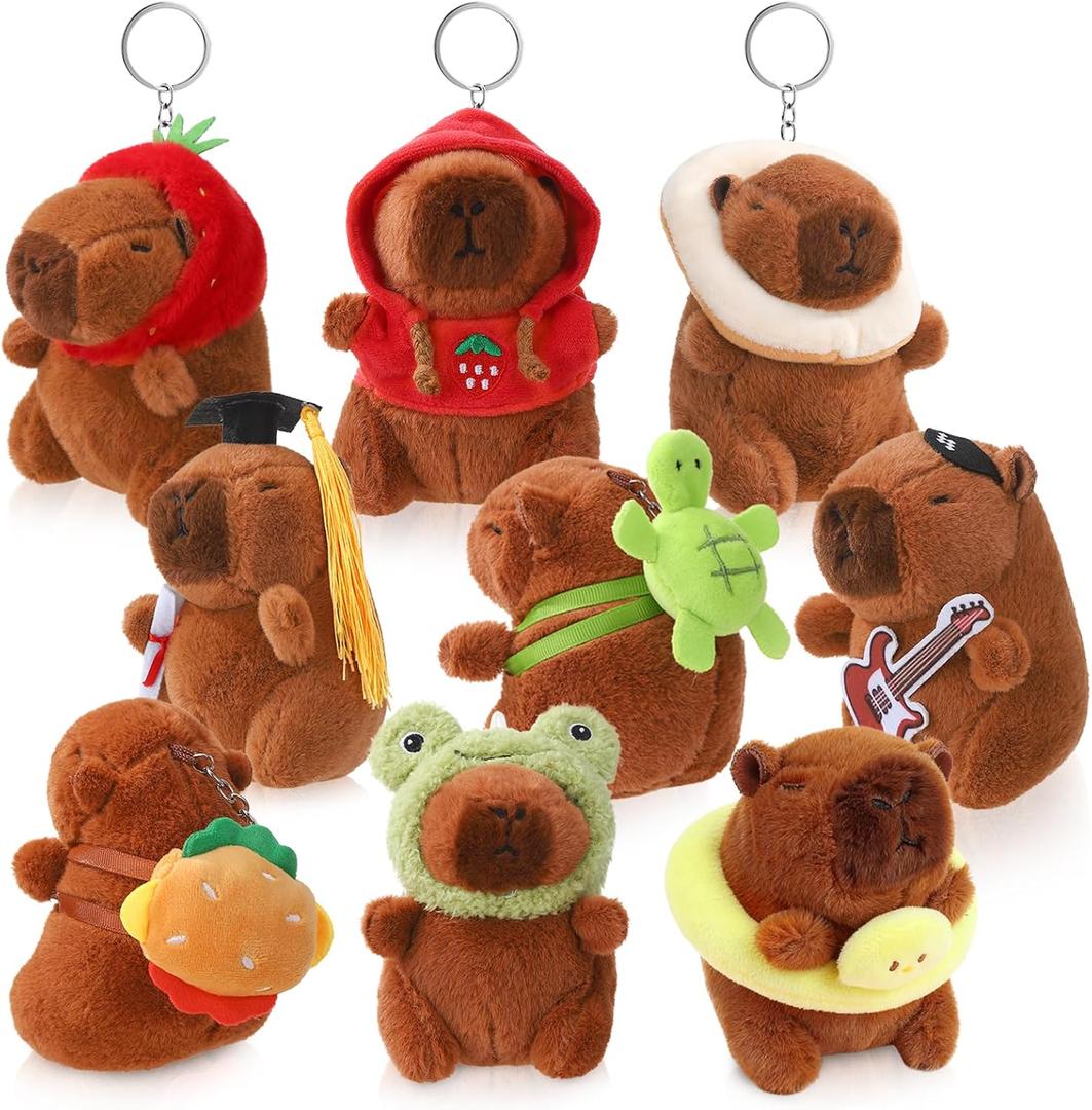 9 Piece Capybara Plush Keychain Set, Cute Animal Keychains Outfits for Backpack Gifts