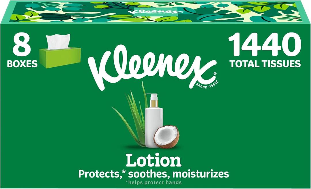 Kleenex Lotion Facial Tissues with Coconut Oil, 8 Flat Boxes, 180 Tissues Per Box, 3-Ply