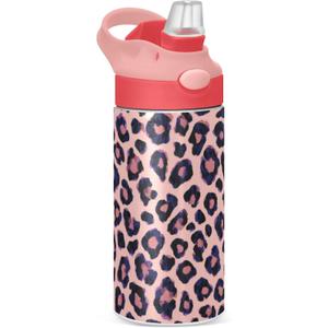 ALAZA Pink Leopard Animal Cheetah Pattern Kids Water Bottles with Lids Straw Insulated Stainless Steel Water Bottles Double Walled Leakproof Tumbler Travel Cup for Girls Boys Toddlers 12 oz,Pink
