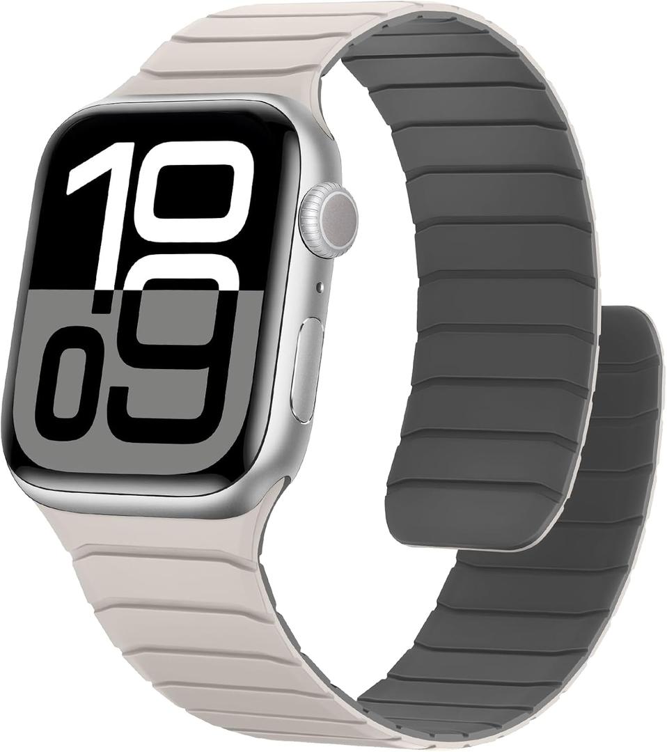 Magnetic Silicone Bands Compatible with Apple Watch 42mm(Series 11/10) 41mm 40mm 38mm, Sport Wristband for Men Women Compatible with iWatch SE Series 11 10 9 8 7 6 5 4 3, Starlight-Grey