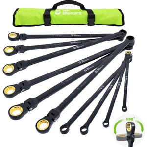 Der Erwachte Extra Long Ratchet Wrench Set, 10 Piece Bendable and Fixed Offset Head, Double-ended Torx Wrench, Metric 8-19mm, 72 Teeth Chrome Vanadium Steel Black Electroscopic Coating with Roll Bag