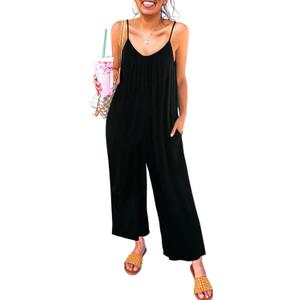 Happy Sailed Womens Casual Jumpsuits Loose Overalls Summer Sleeveless Stretchy Wide Leg Long Pants Romper with Pockets (Large, A Solid Black)