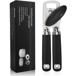 Can Opener Manual, Heavy Duty Stainless Steel Smooth Edge Can Openers With Soft Touch Handle, Oversized Handheld Easy Turn Knob, Multi-Function Bottle Opener, Black