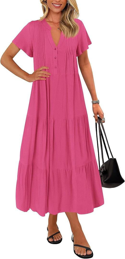 KIRUNDO Summer Maxi Dresses for Women 2026 Spring Fashion Short Sleeve Button V Neck Pleated Loose Tiered Swing Flowy Dress M