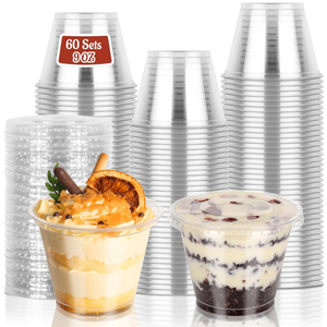 60 Pack 9 oz Clear Plastic Cups with Lids No Hole, Dessert Cups Disposable Cups with Lids for Ice Cream, Fruit, Pudding, Cake, Cold Drinks, Smoothie and Snacks