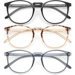 IBOANN Chic & Comfy Blue Light Glasses for Women - 3-Pack Round Frames, Screen-Ready Style with UV Protection Coating (C1 Light Black &Cape Honey Tortoise &Cascade Grey)
