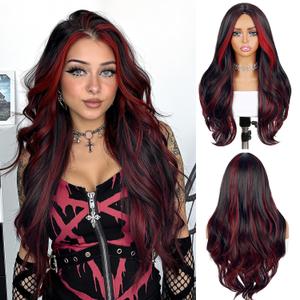Quantum Love Long Curly Wig for Women Long Wavy Black Mix Red Wigs 28Inch Natural Looking Synthetic Fashion Color Hair for Cosplay Halloween Daily Party Use