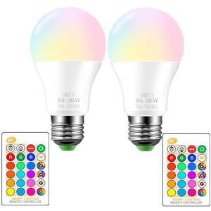 RGBW Color Changing LED Light Bulbs, A19 E26 Screw Base IR Remote Control Dimmable with Memory Function 60W Equivalent for Home Decoration Stage Bar Party (RGB+Daily Lighting, 2-Pack)