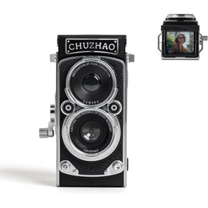 Vintage Mini Digital Camera with Date & Time Setting - Portable Retro TLR Style 1080P FHD Video 12MP Photos Autofocus Compact CHUZHAO Camera with 16GB Card for Beginners Teens Adults, Black