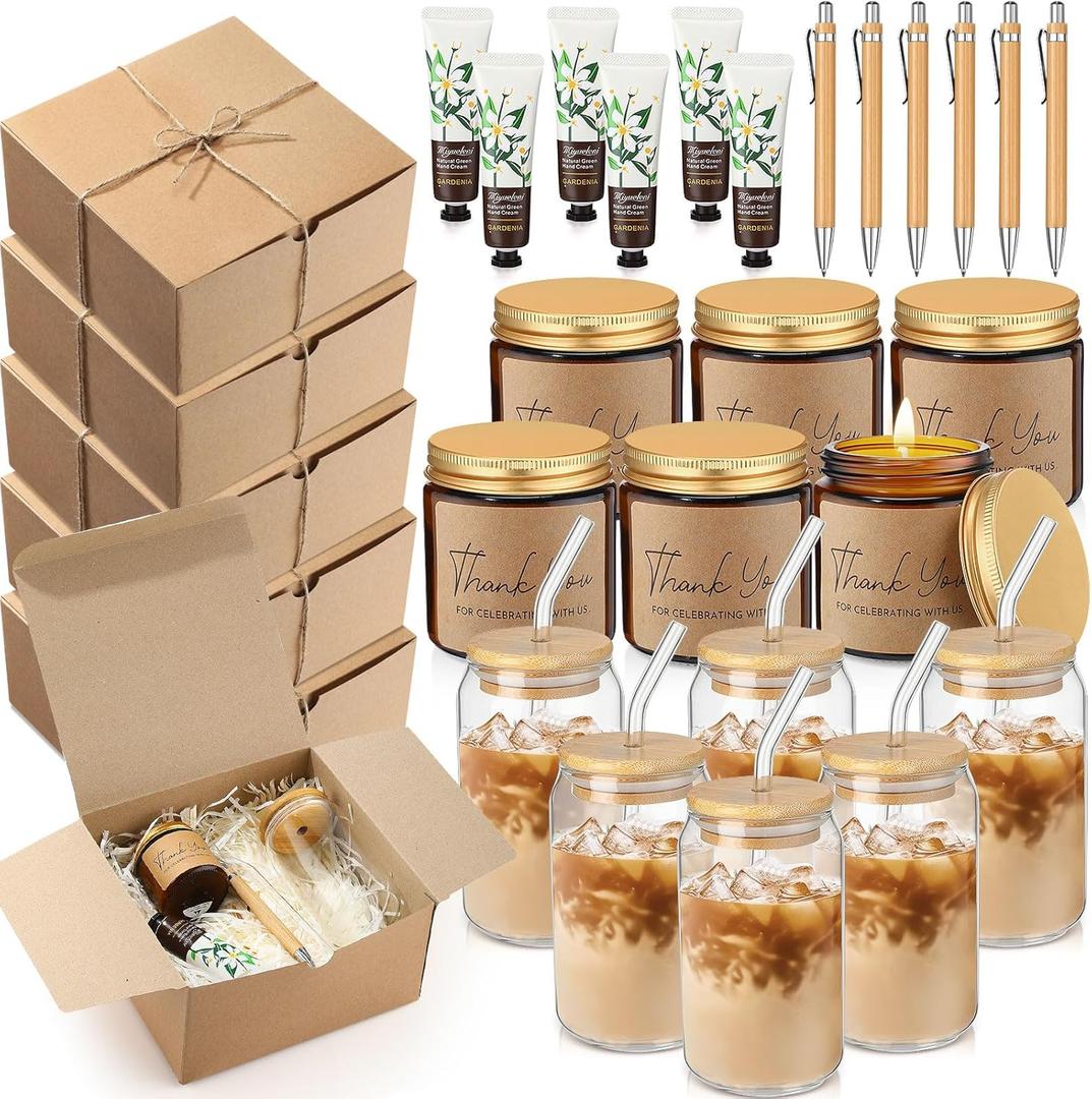 Reallnaive 6 Sets Baby Shower Prizes for Game Winners, Baby Shower Favors Including Glass Cup Scented Candles Hand Cream Pens Gift Box with Raffia for Gender Reveal Wedding Bridal Party Prizes(Khaki)