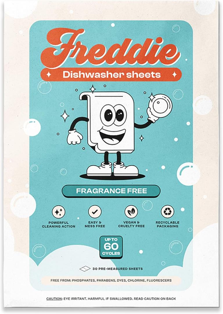 Freddie Dishwasher Sheets Fragrance Free - Space-Saving Alternative to Liquid Detergent - 60 Loads Concentrated Plastic Jug Free Strips (60 Count (Pack of 1))