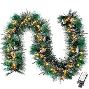 Joiedomi 9FT Christmas Flocked Garland (Cone) Pre Lit with 50 Count Warm White String Lights for Winter Christmas and Holidays, Decorated with Pine Cones, Plug in Lighted Pine Garland, Xmas Collection