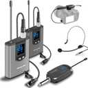 Alvoxcon UHF Dual Channel Wireless Lavalier Microphone System with Volume Control for iPhone, DSLR, PA Speaker, YouTube, Podcast, Video Recording, Conference, Vlogging, Church, Interview, Teaching (Gray)