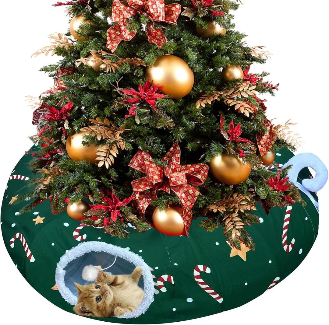 LUCKITTY Cat Tunnel Bed in Christmas Style with Star, Crutches, Candy, and Snowflakes Patterns - 3FT x 3FT x 9.8 INCH Size Green Decorative for Festive Felines