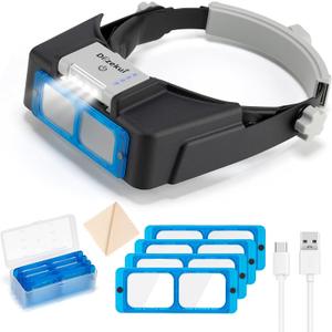 Headband Magnifier with LED Light, Rechargeable Head Mount Magnifier 1.5X to 3.5X, Opitcal Magnifying Glass with Lens, Jewelers Optivisor Hobbies Visor Manifying Glasses for Close Work