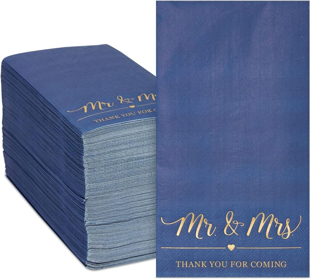 Sparkle and Bash Navy Blue Napkins for Wedding Reception with Gold Foil, Mr and Mrs (3-Ply, 4 x 8 In), Pack of 100 Mr Mrs Disposable Wedding Napkins For Reception