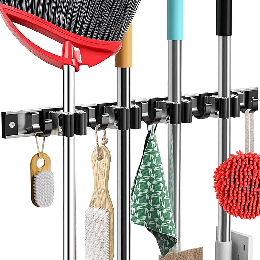 Mop and Broom Holder Wall Mount Metal Heavy Duty Utility Hooks Broom Organizer Garage Storage Systems Tool Racks for Home Laundry Garden Kitchen Organization (Black, 1 Pack 4R5H)