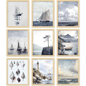 97 Decor Rustic Nautical Wall Decor - Vintage Nautical Wall Art, Farmhouse Coastal Prints Ship Painting, Vintage Beach Posters Ocean Art Prints Sailboat Pictures For Home Bedroom (8x10 Unframed)