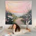 WNAGT Pink Wildflower Coastal Beach Tapestry Wall Hanging, Pastel Spring Floral Ocean Seaside Landscape Wall Blanket Decor for Bedroom Living Room Home Beach House, 50x60 Inch