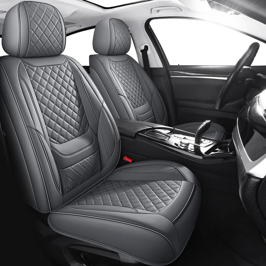 Car Seat Covers Full Set, Grey Leather Seat Covers, Breathable Front and Back Car Seat Protectors, Wear-Resistant Seat Covers Universal Fit for Most Cars SUV Truck (Grey-Diamonds, Full Set)