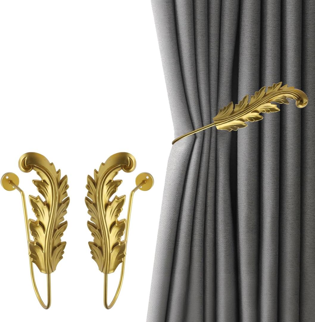 HEVSTIL 2Pack Leaf Shaped Curtain Holdbacks Curtain Hook Drapery Holdbacks Classical Metal Curtain Side Holders Decorative Wall Mounted Hooks Hangerfor Drapes Window Home Decoration,Gold